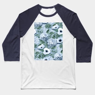 Anemones and Chrysanthemums in Green, Blue and White Baseball T-Shirt